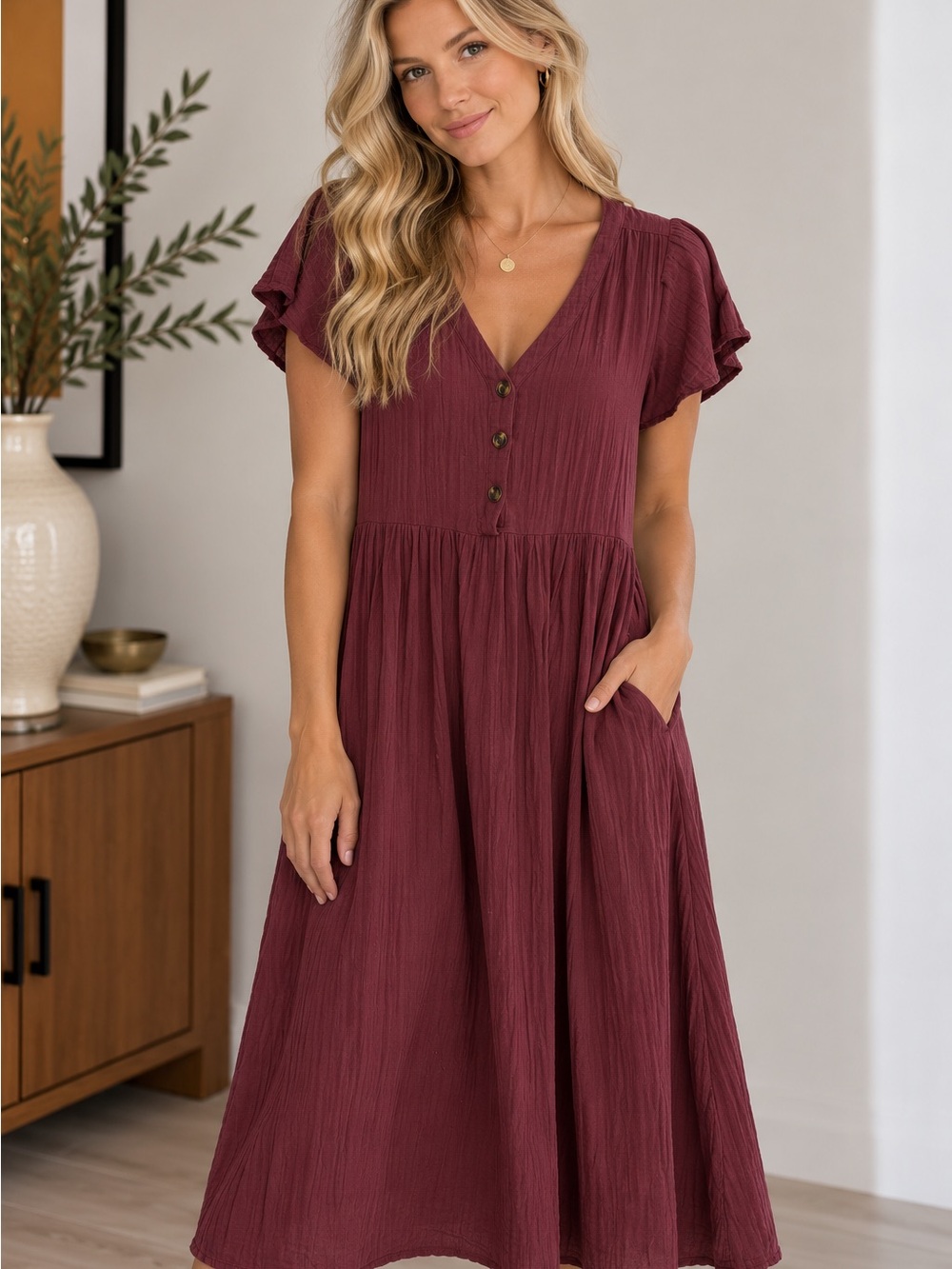 Burgundy Button-Front V-Neck Midi Dress with Pockets